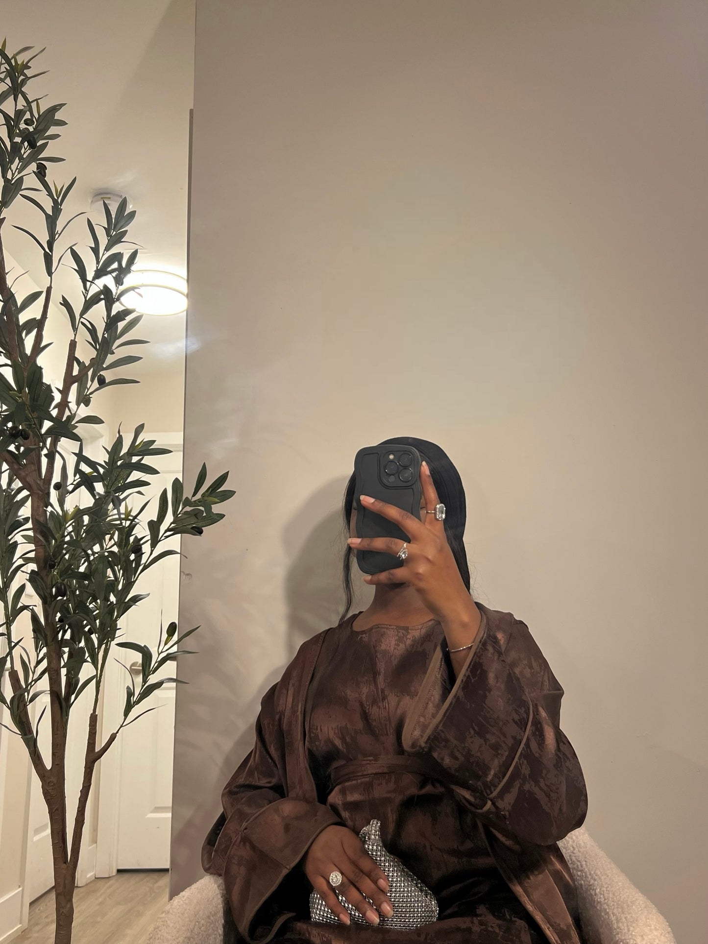 Yousra 2 Piece Textured Satin Abaya Set- Brown