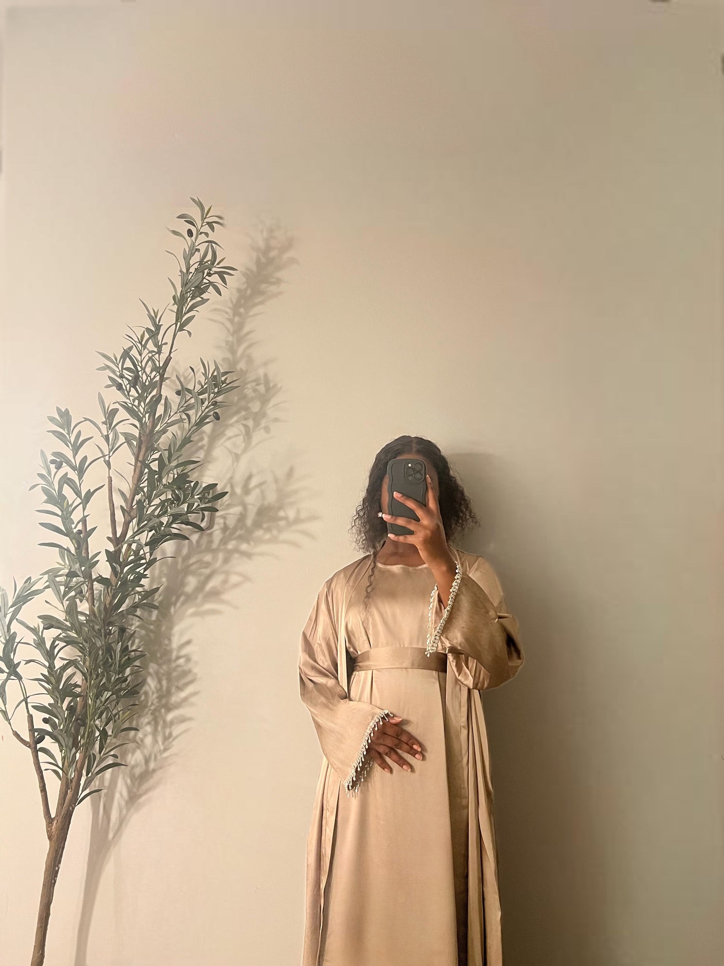 Yara 2 Piece Satin Abaya Set- Beige