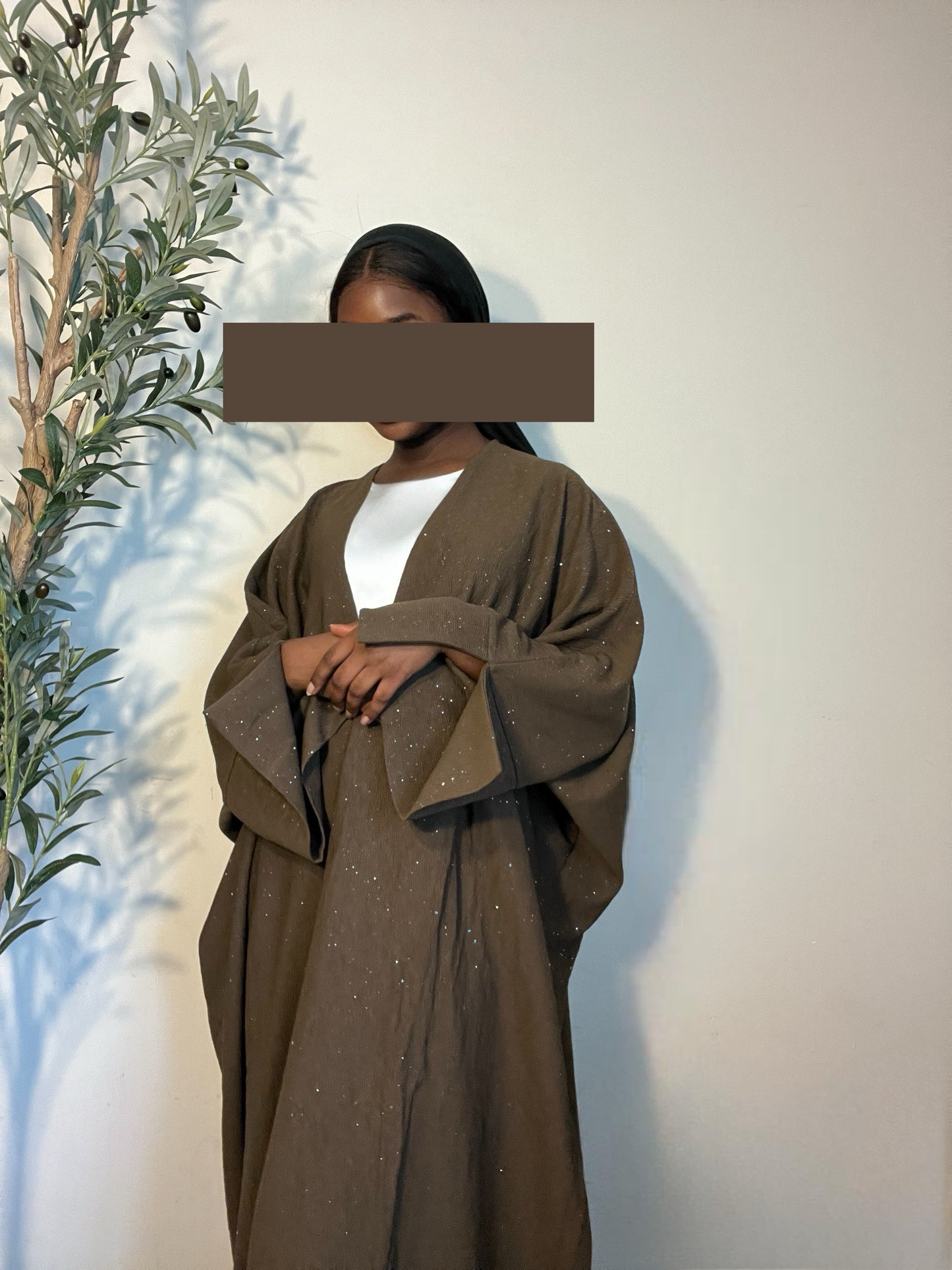 Hasna Sparkly Glitter Open Abaya- Brown