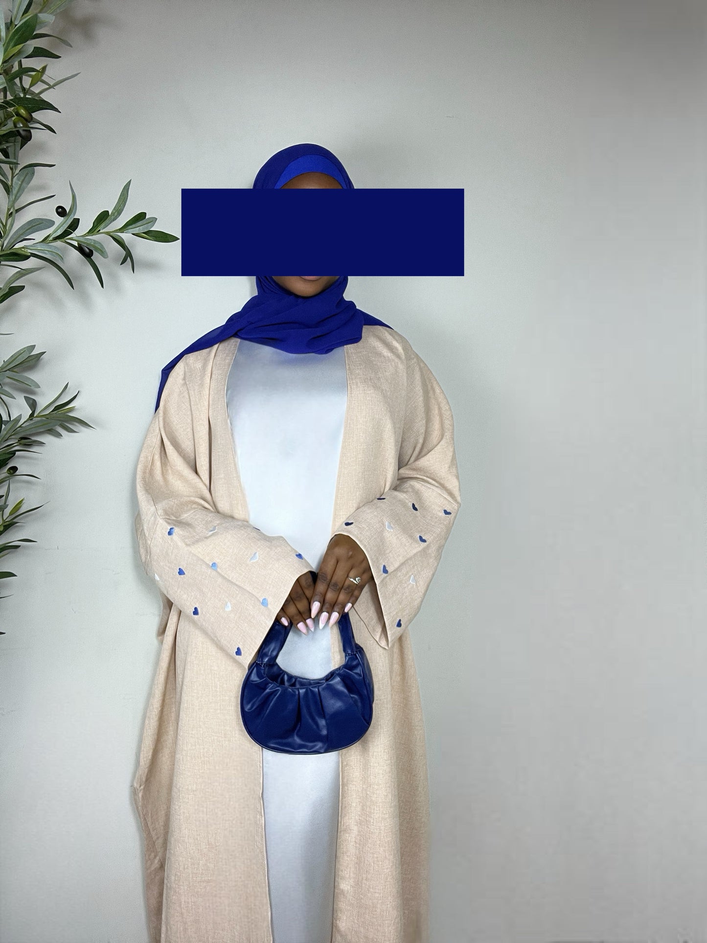 Ayla Hearts Embroidered Open Abaya - Blue & Beige