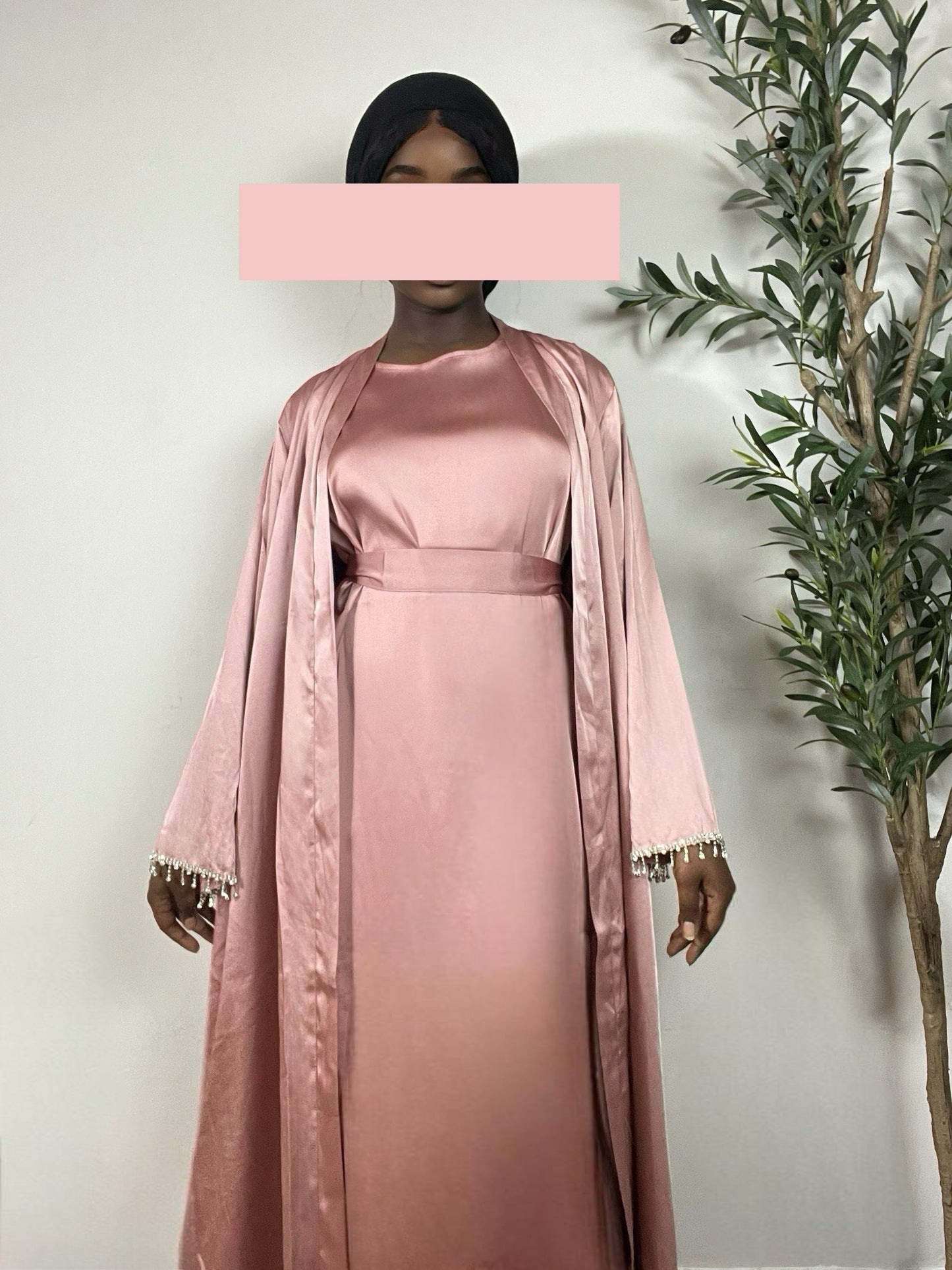 Yara 2 Piece Satin Abaya Set- Pink