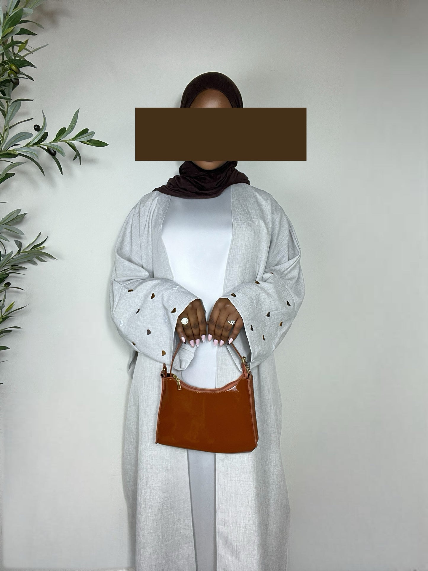 Ayla Hearts Embroidered Open Abaya - Brown & Grey
