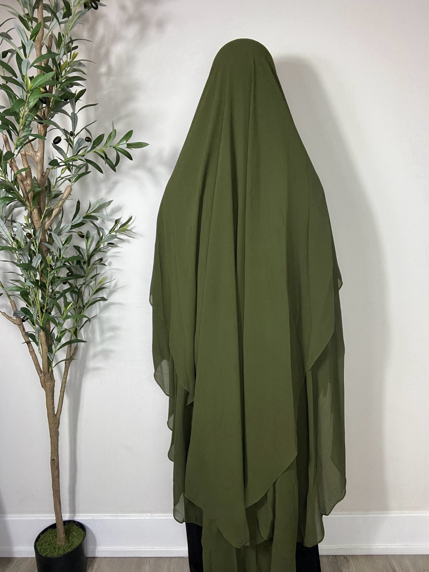 Extra Long Two Layers Chiffon Khimar- Army Green