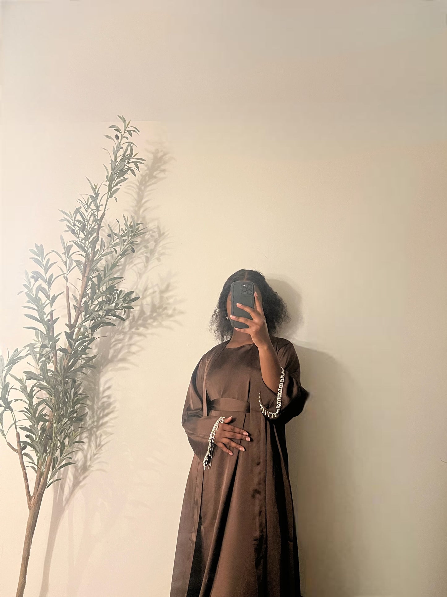 Yara 2 Piece Satin Abaya Set- Brown