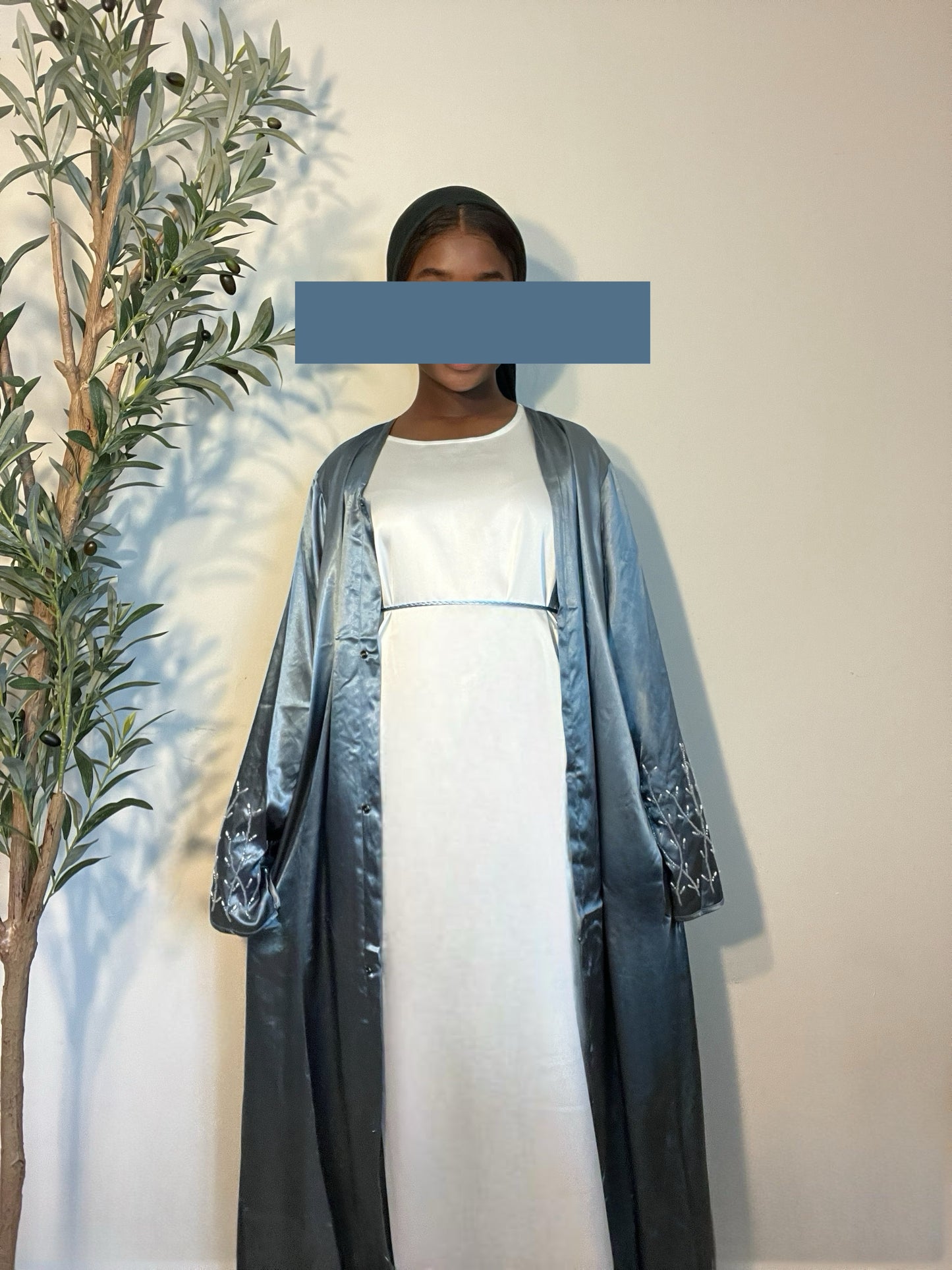 Asma 2 Piece Satin Abaya Set- Light Blue