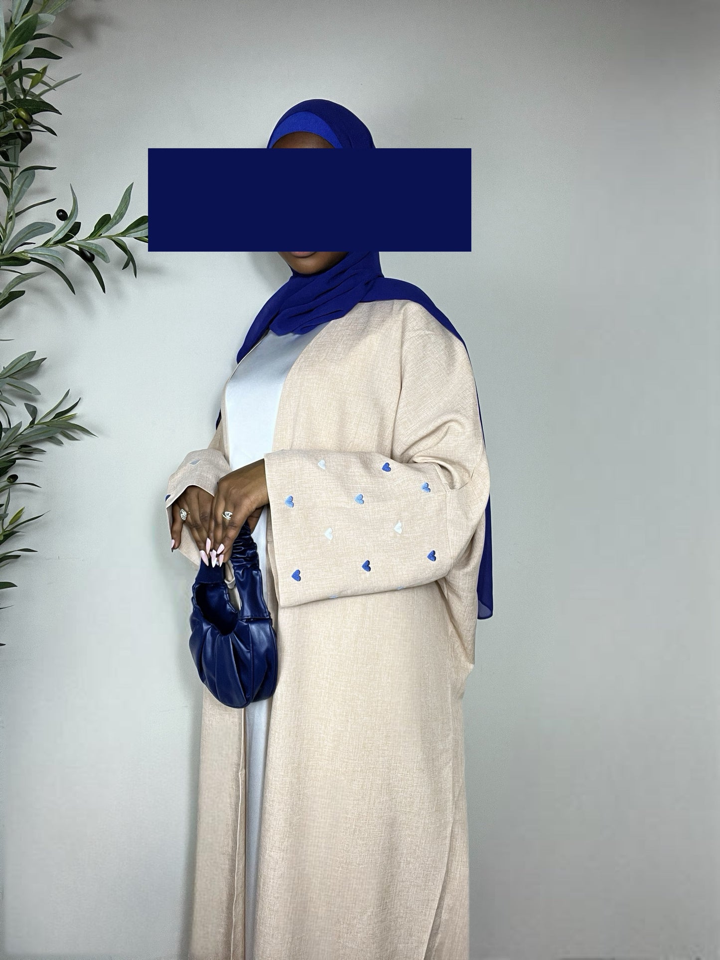 Ayla Hearts Embroidered Open Abaya - Blue & Beige