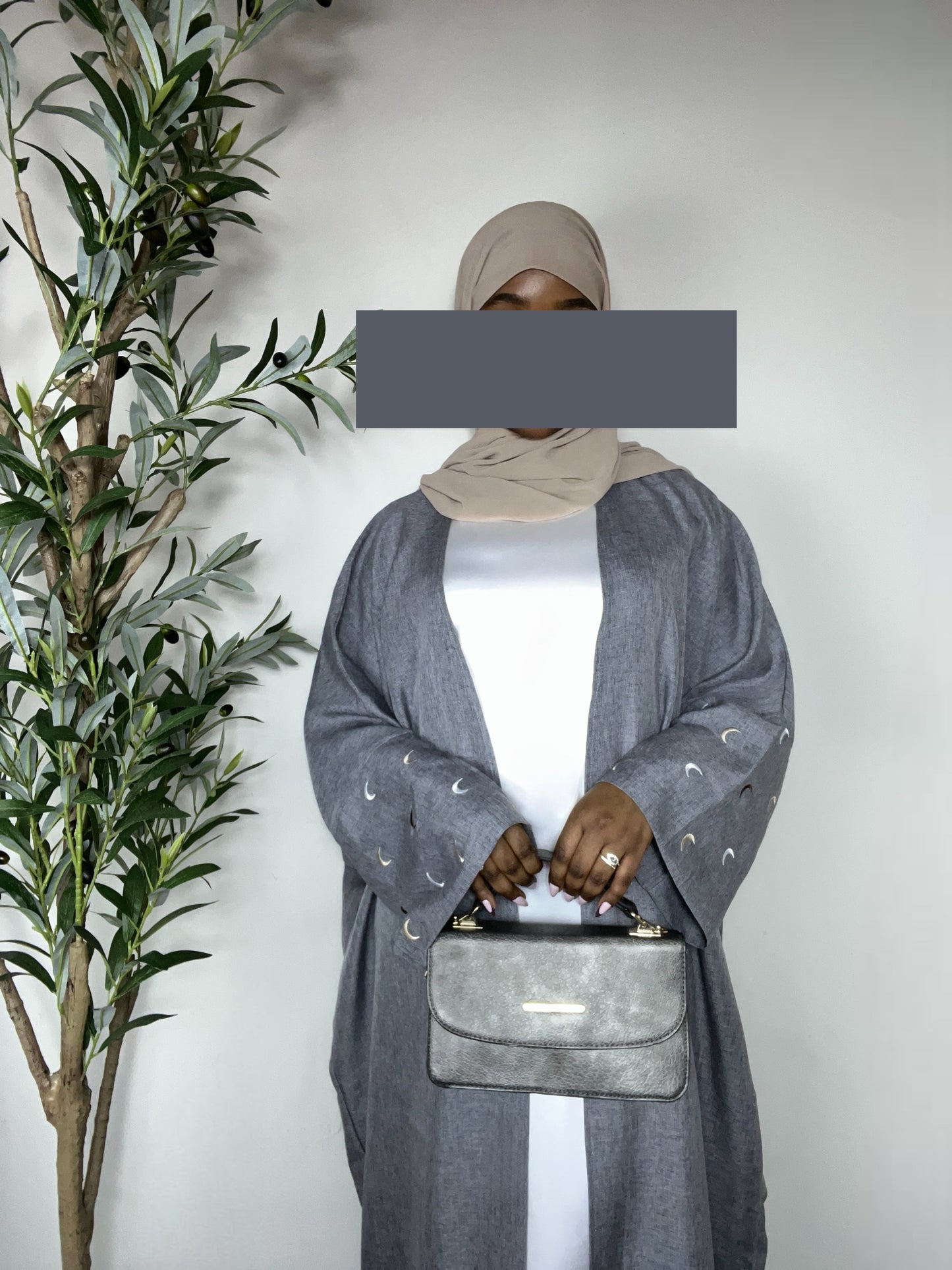 Ayla Moon Embroidered Open Abaya - Grey