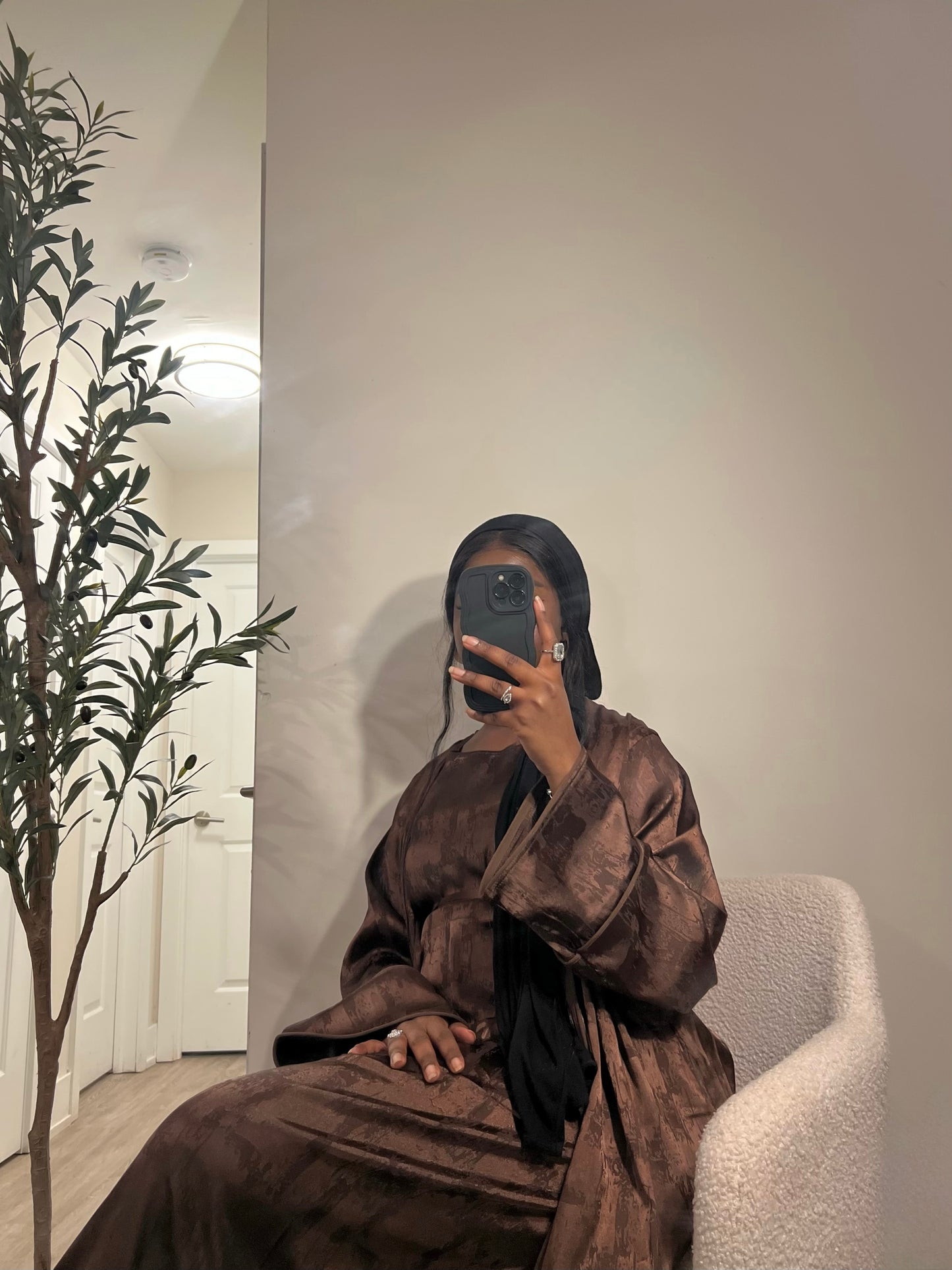 Yousra 2 Piece Textured Satin Abaya Set- Brown
