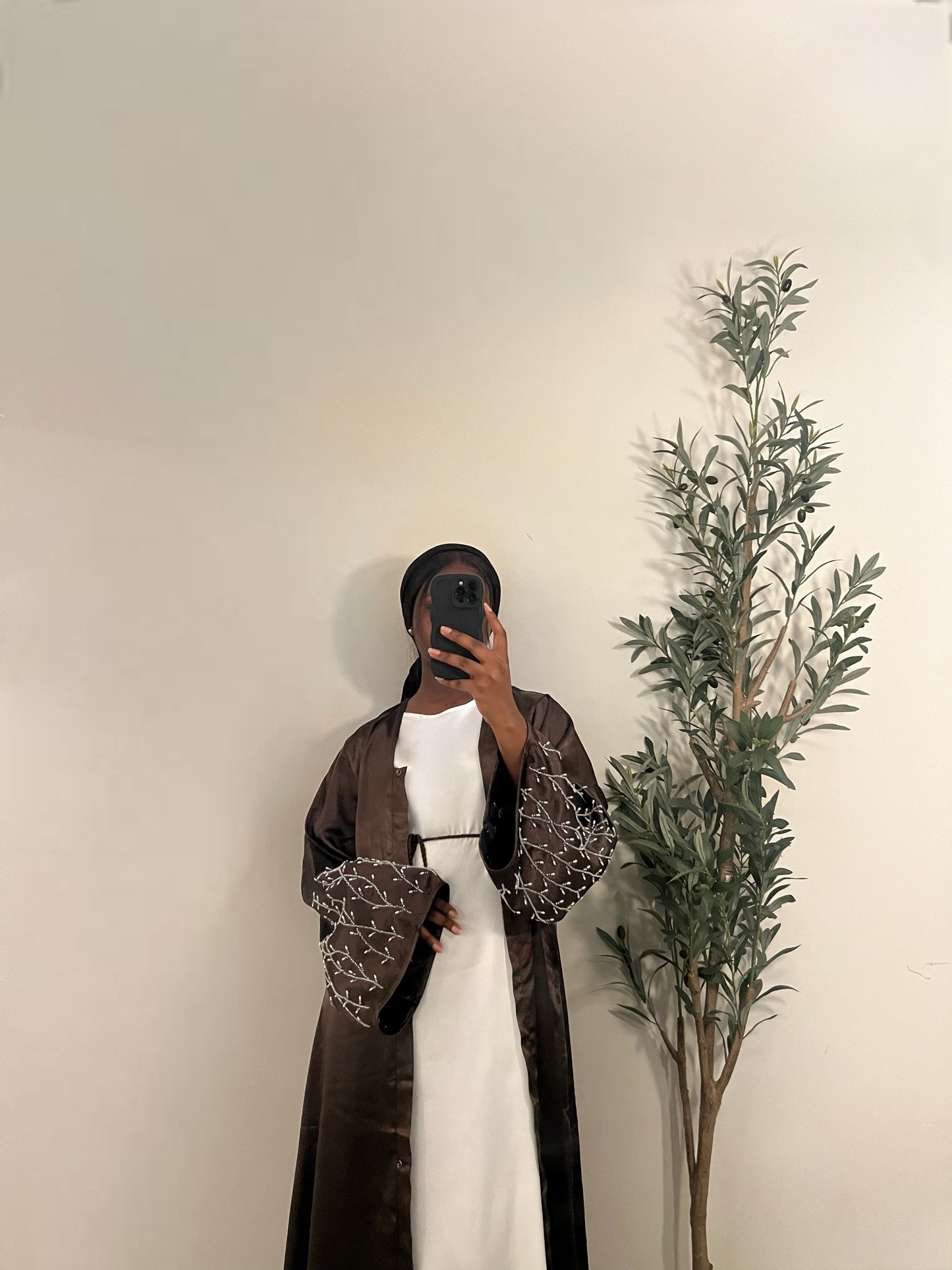 Asma 2 Piece Satin Abaya Set- Brown