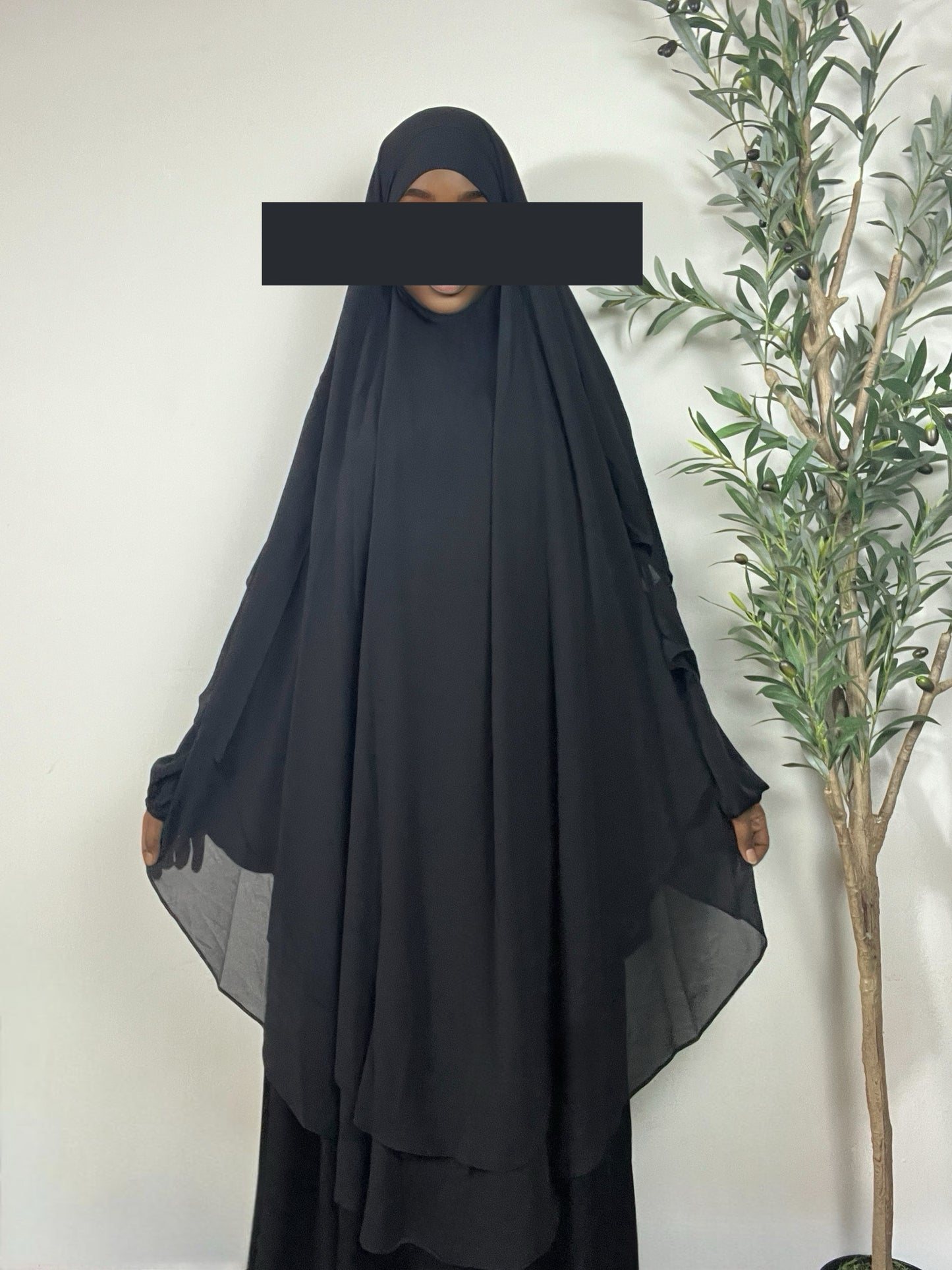 Extra Long Two Layers Chiffon Khimar - Black
