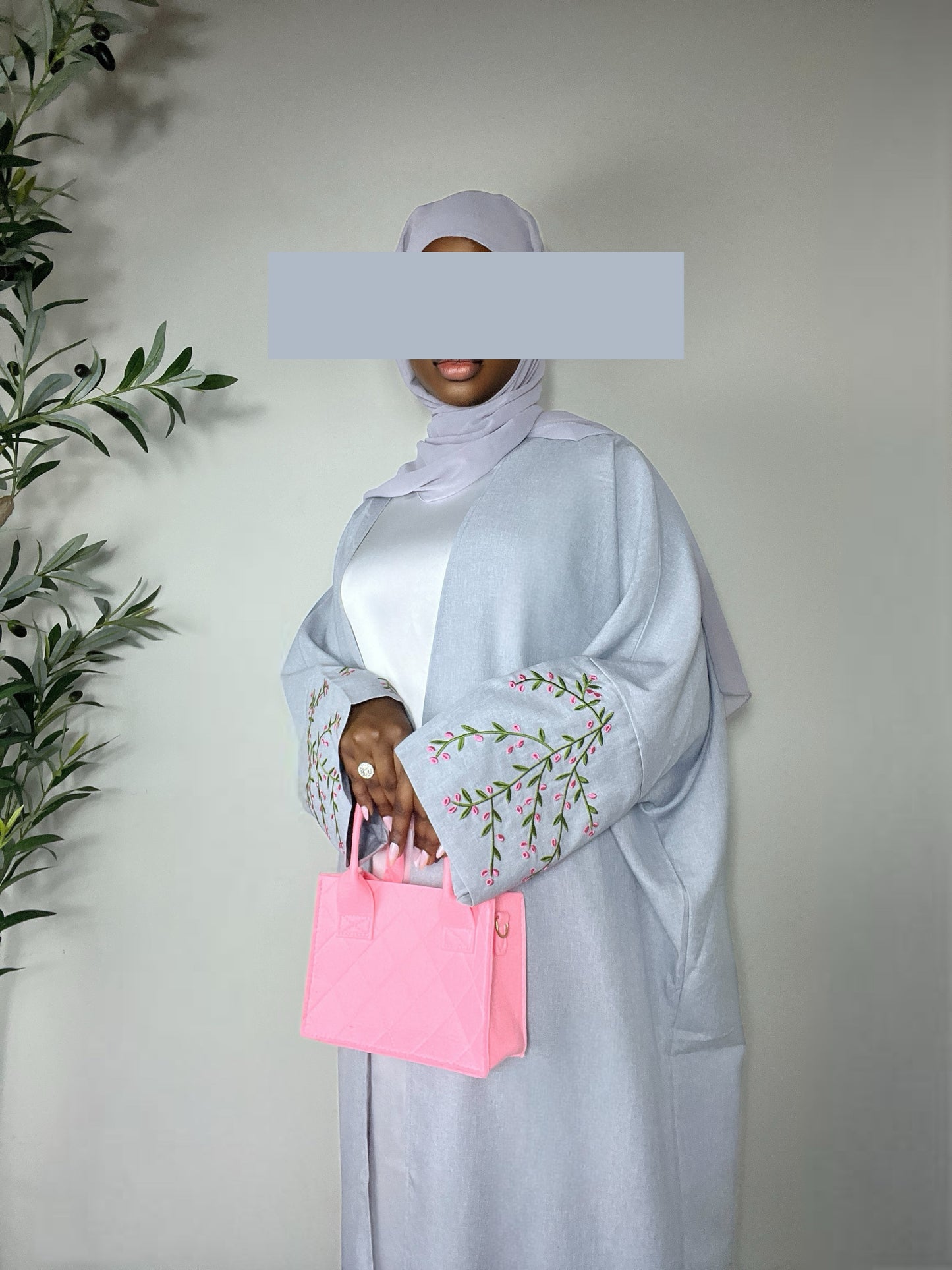 Ayla Flowers Embroidered Open Abaya - Grey