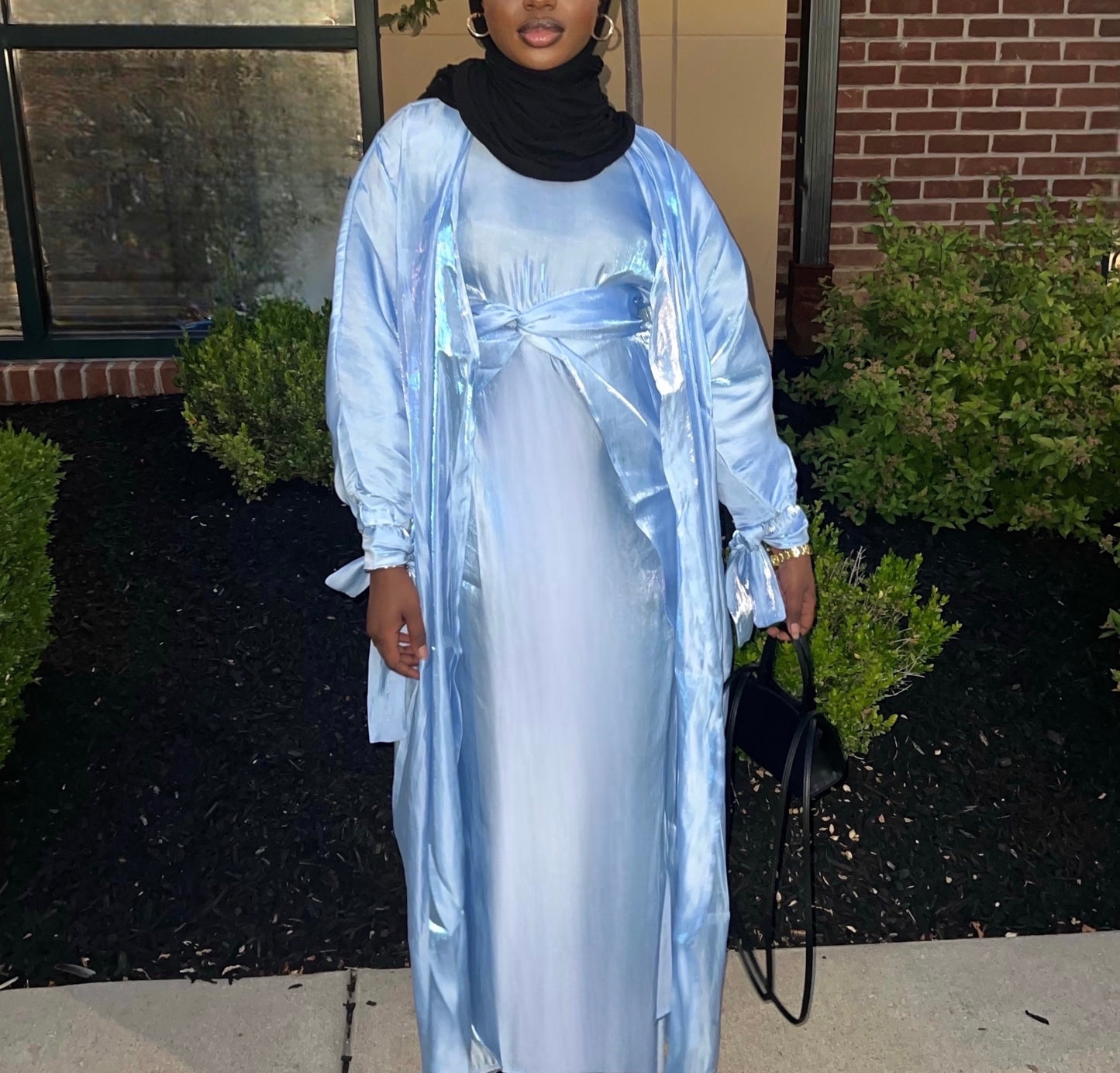 Marwa 3 piece Organza Abaya Set- Blue