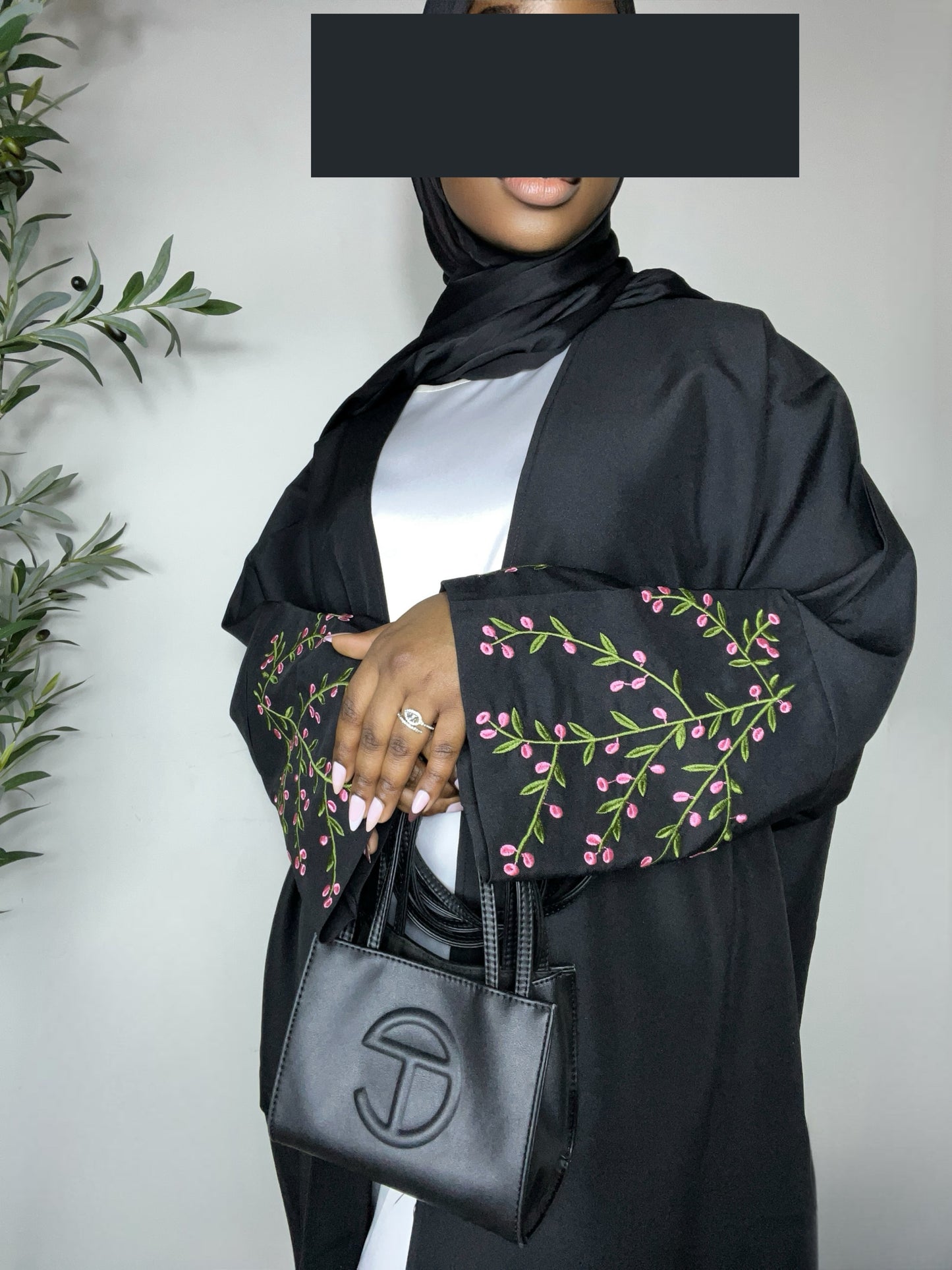 Ayla Flowers Embroidered Open Abaya - Black