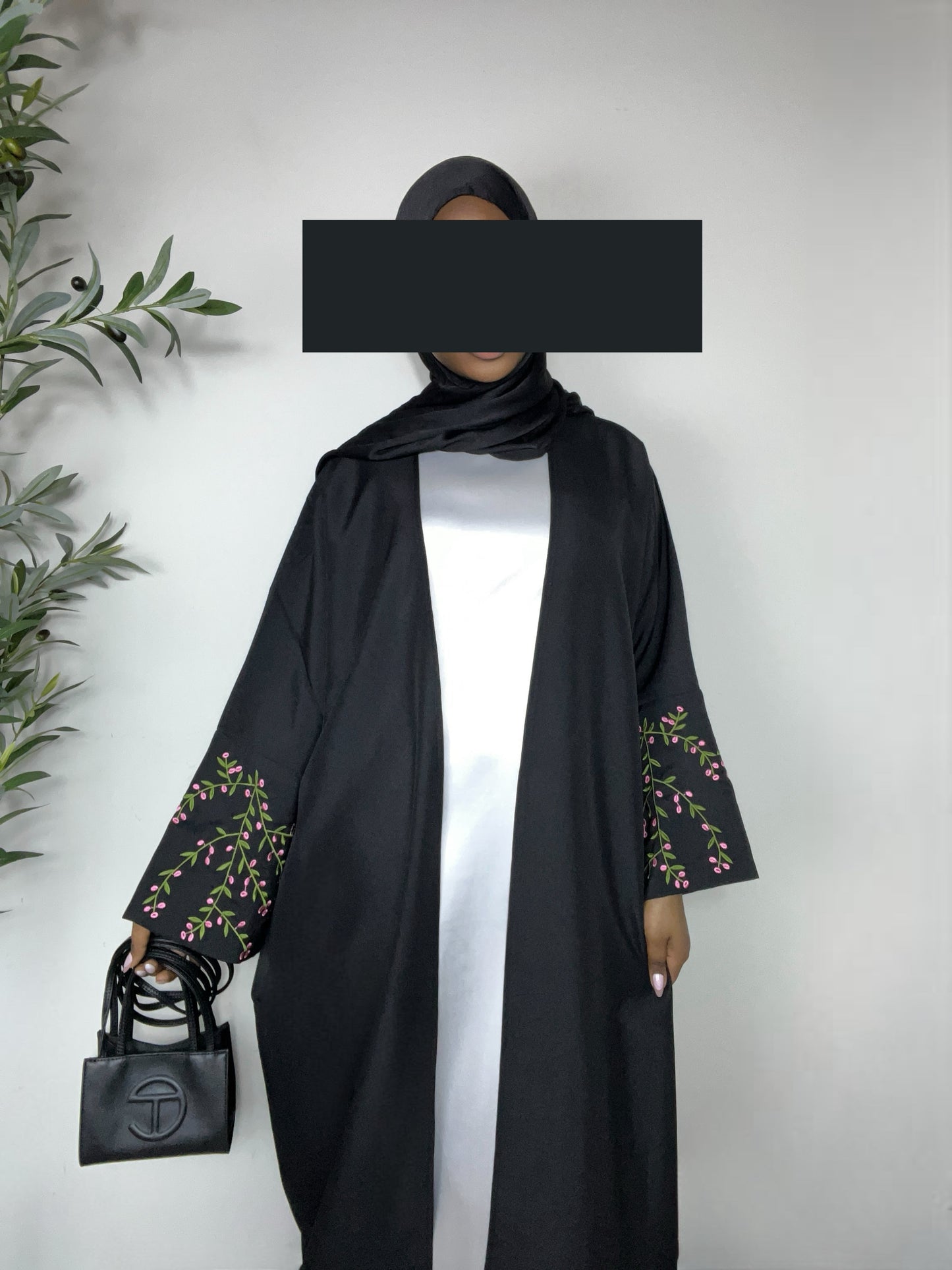Ayla Flowers Embroidered Open Abaya - Black