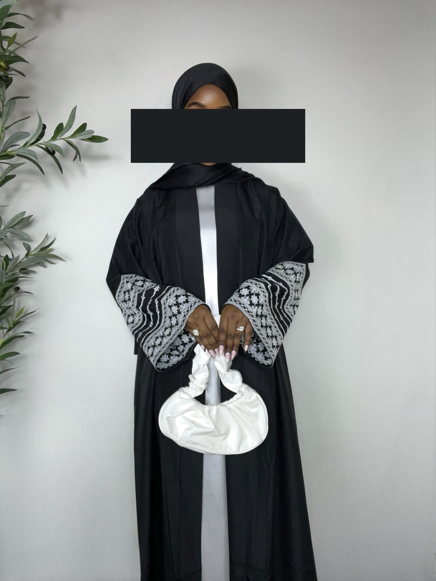 Afrah Embroidered Open Abaya - Black