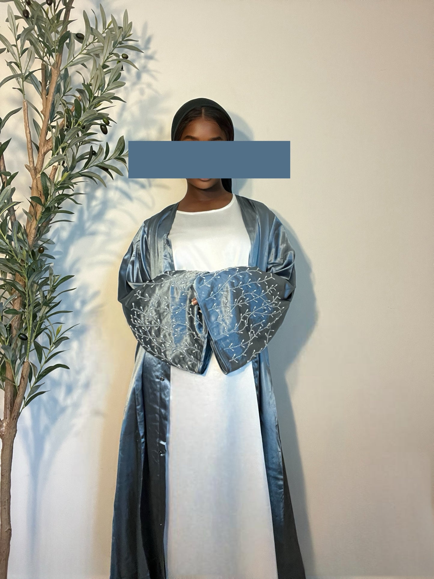 Asma 2 Piece Satin Abaya Set- Light Blue