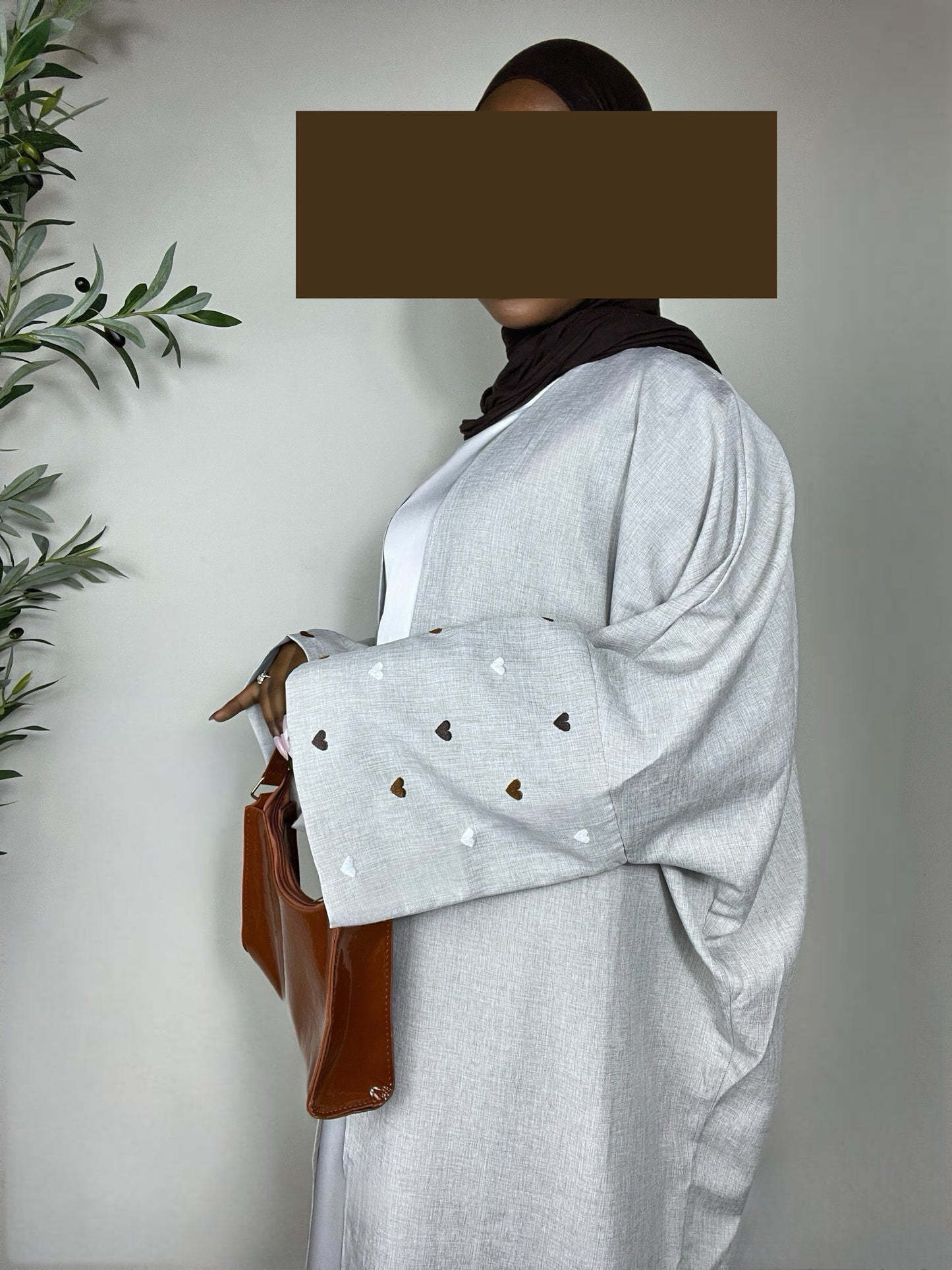 Ayla Hearts Embroidered Open Abaya - Brown & Grey