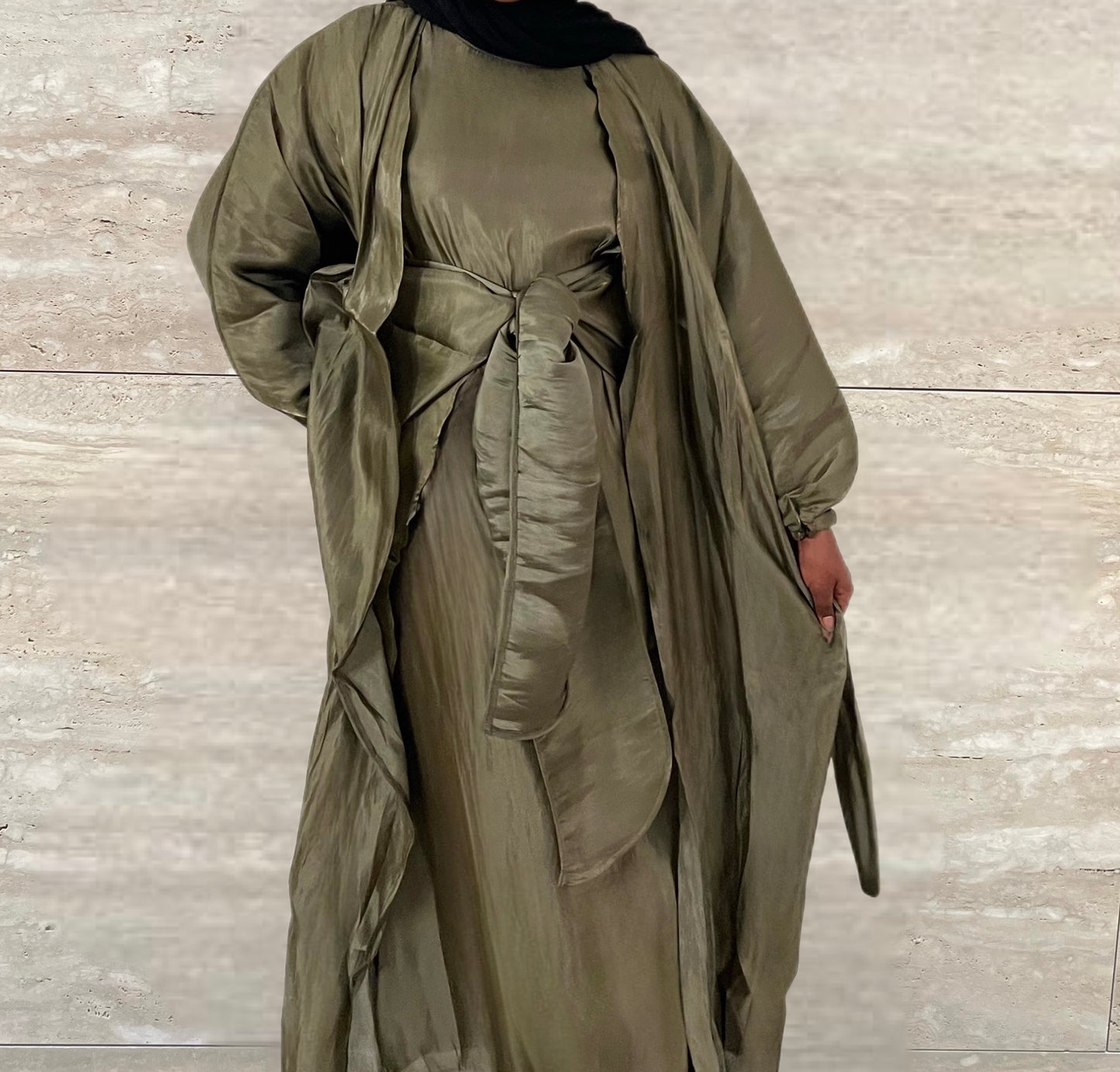 Marwa 3 piece Organza Abaya Set- Army Green