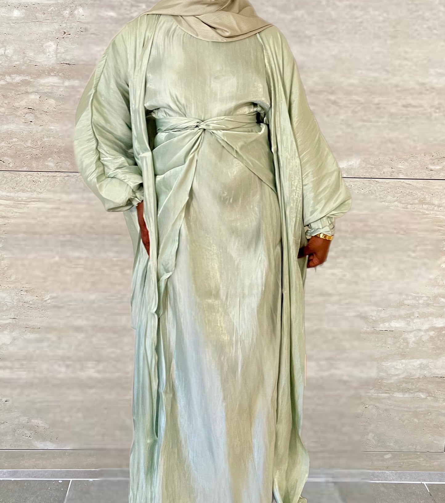 Marwa 3 piece Organza Abaya Set- Green