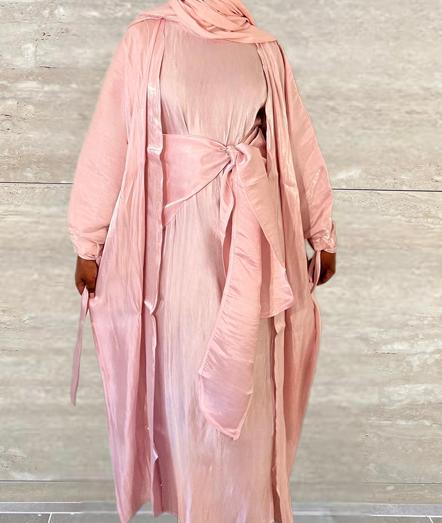 Marwa 3 piece Organza Abaya Set- Pink