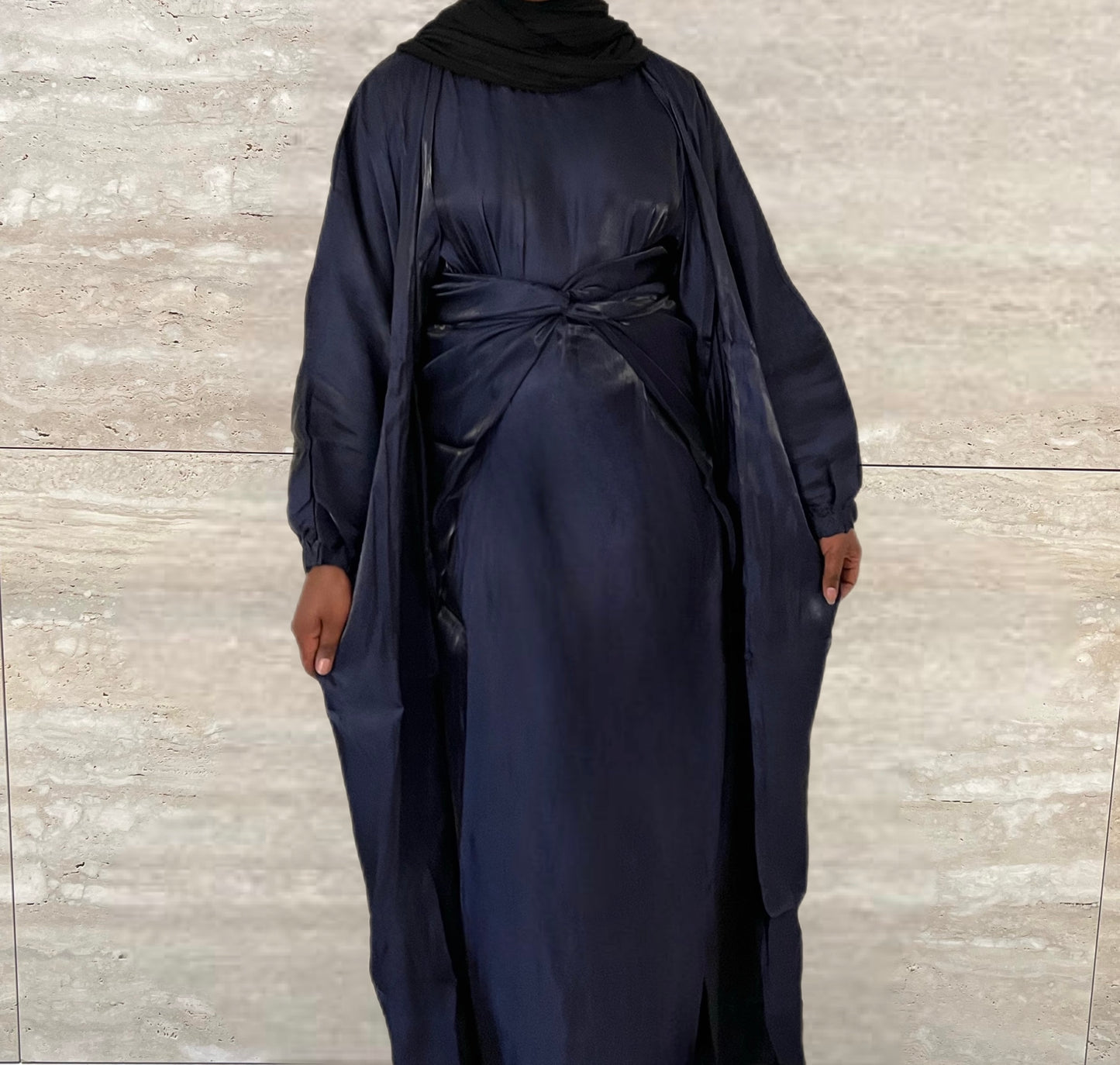 Marwa 3 piece Organza Abaya Set- Navy