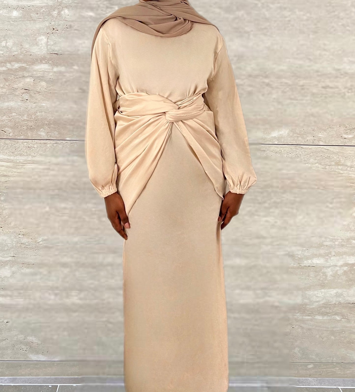 Salma 2 Piece Satin Wrap Dress - Beige