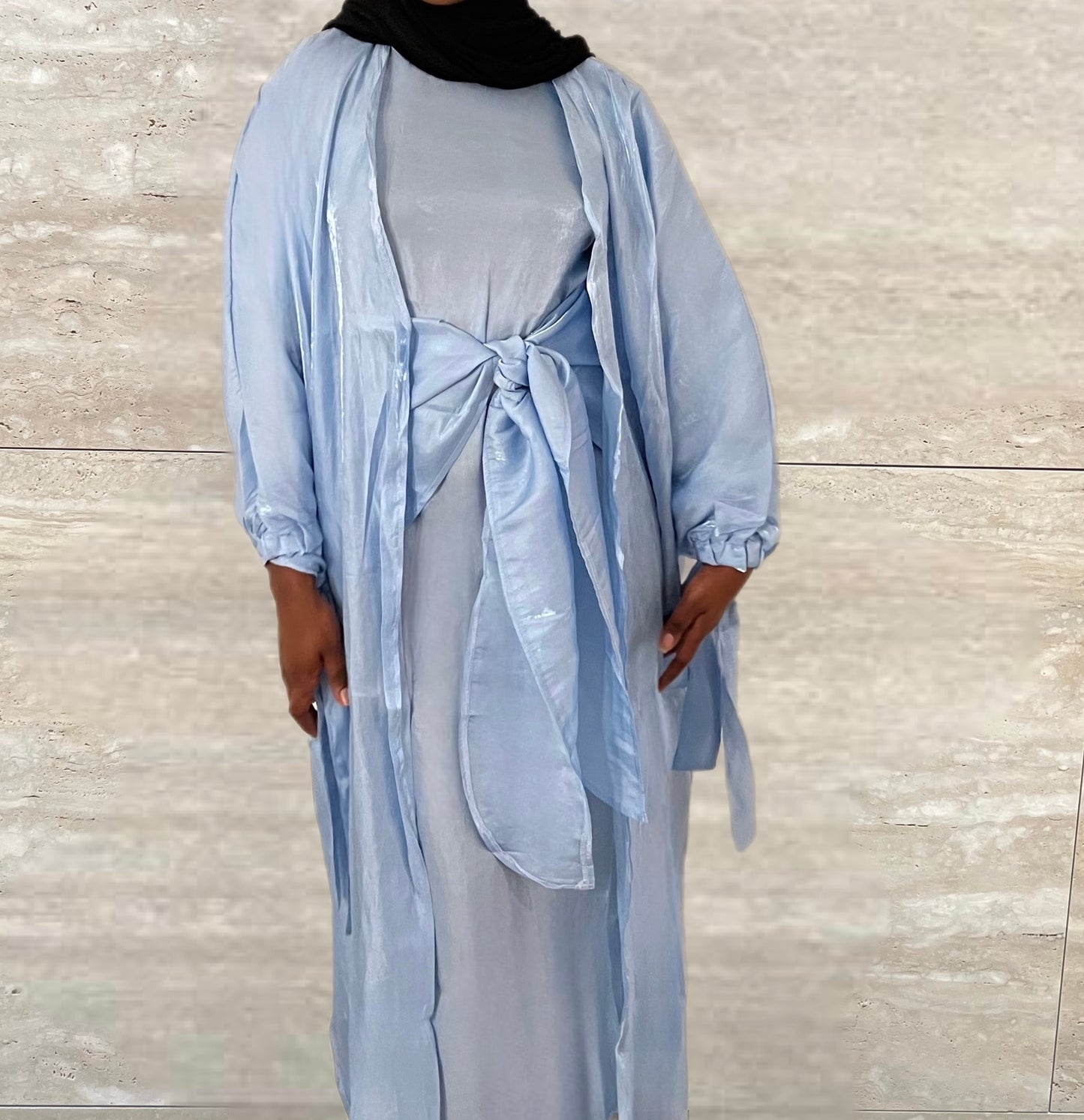 Marwa 3 piece Organza Abaya Set- Blue