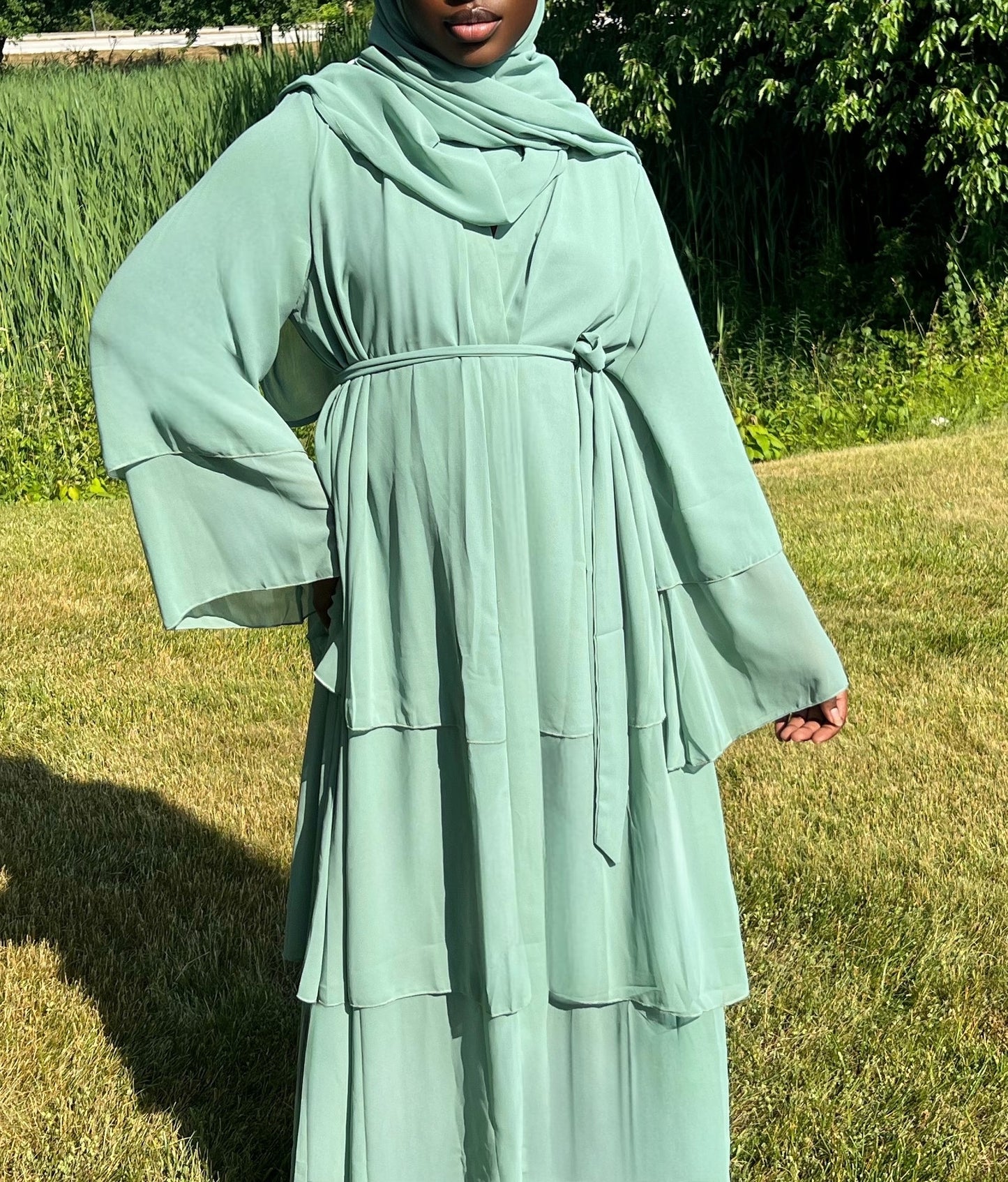 Jamila Layered Open Abaya with Matching Scarf- Mint