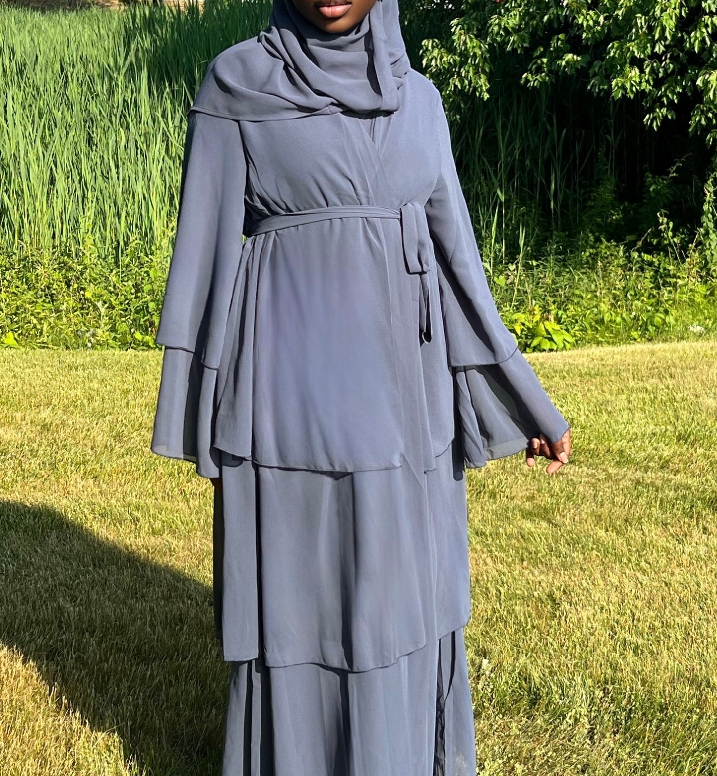 Jamila Layered Open Abaya with Matching Scarf- Blue