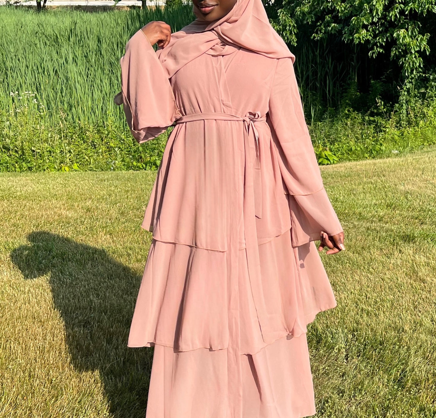 Jamila Layered Open Abaya with Matching Scarf- Blush