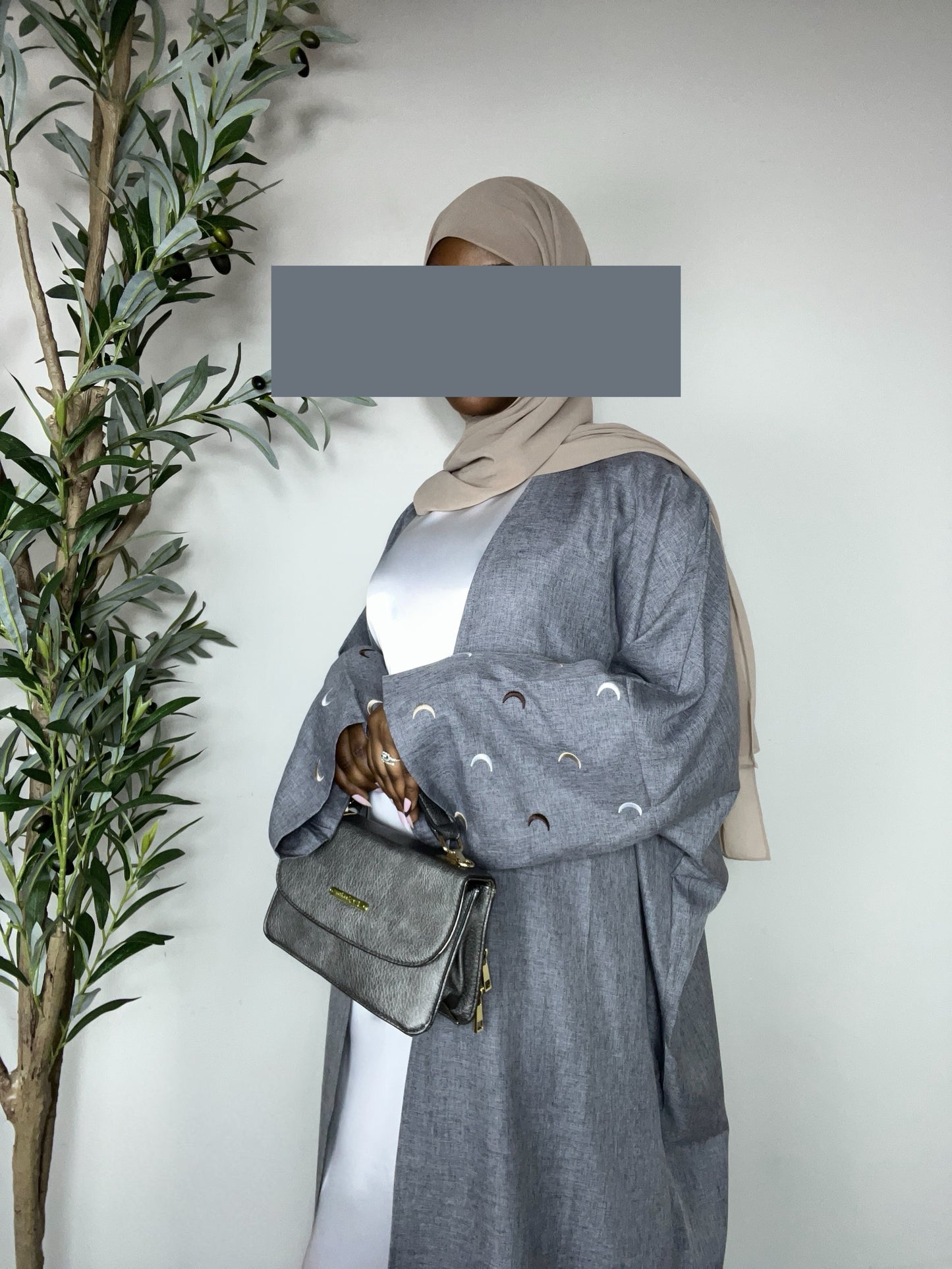 Ayla Moon Embroidered Open Abaya - Grey