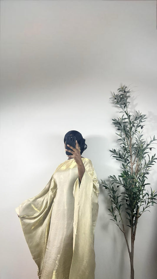 Muneera Shiny Butterfly Abaya Dress- Beige