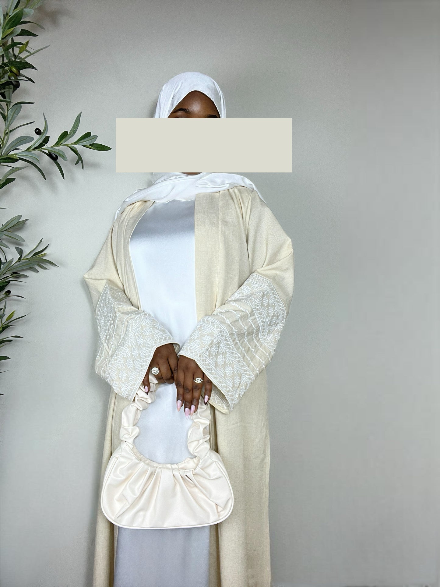 Afrah Embroidered Open Abaya - Beige