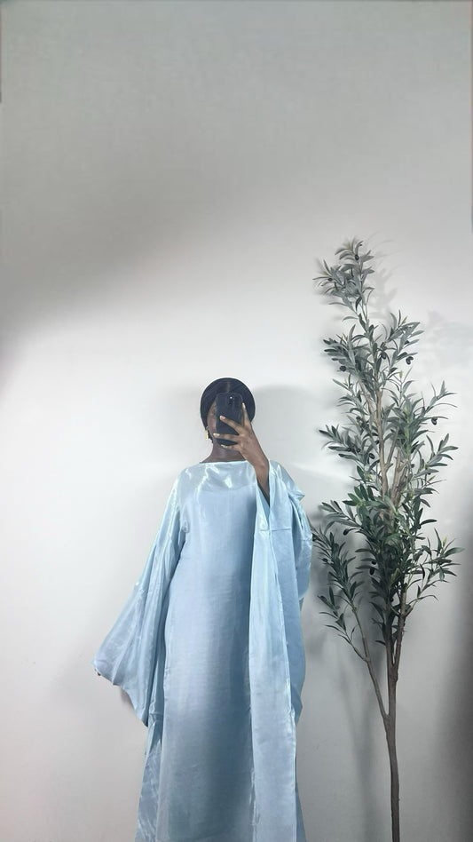 Muneera Shiny Butterfly Abaya Dress- Light Blue
