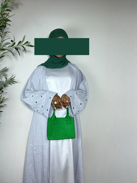 Ayla Hearts Embroidered Open Abaya - Green & Grey