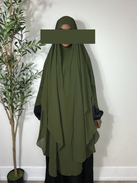 Extra Long Two Layers Chiffon Khimar- Army Green