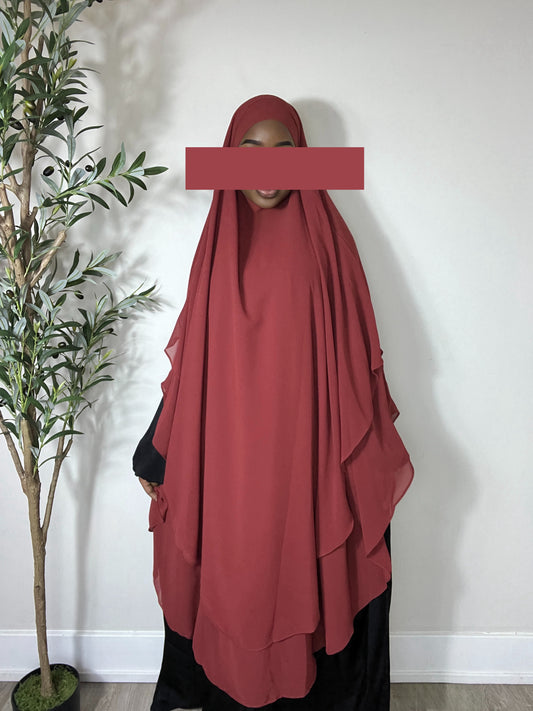 Extra Long Two Layers Chiffon Khimar- Red