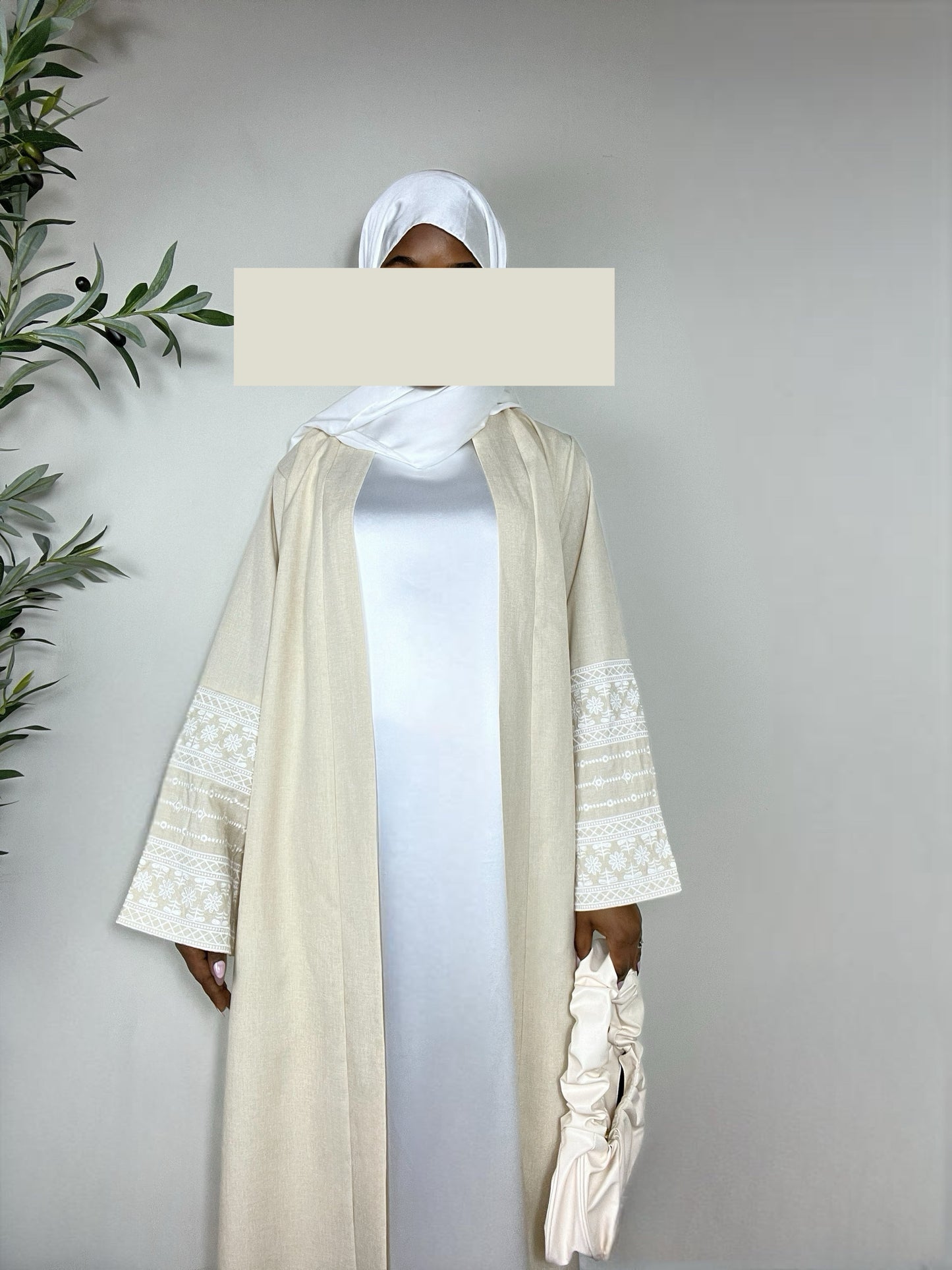 Afrah Embroidered Open Abaya - Beige