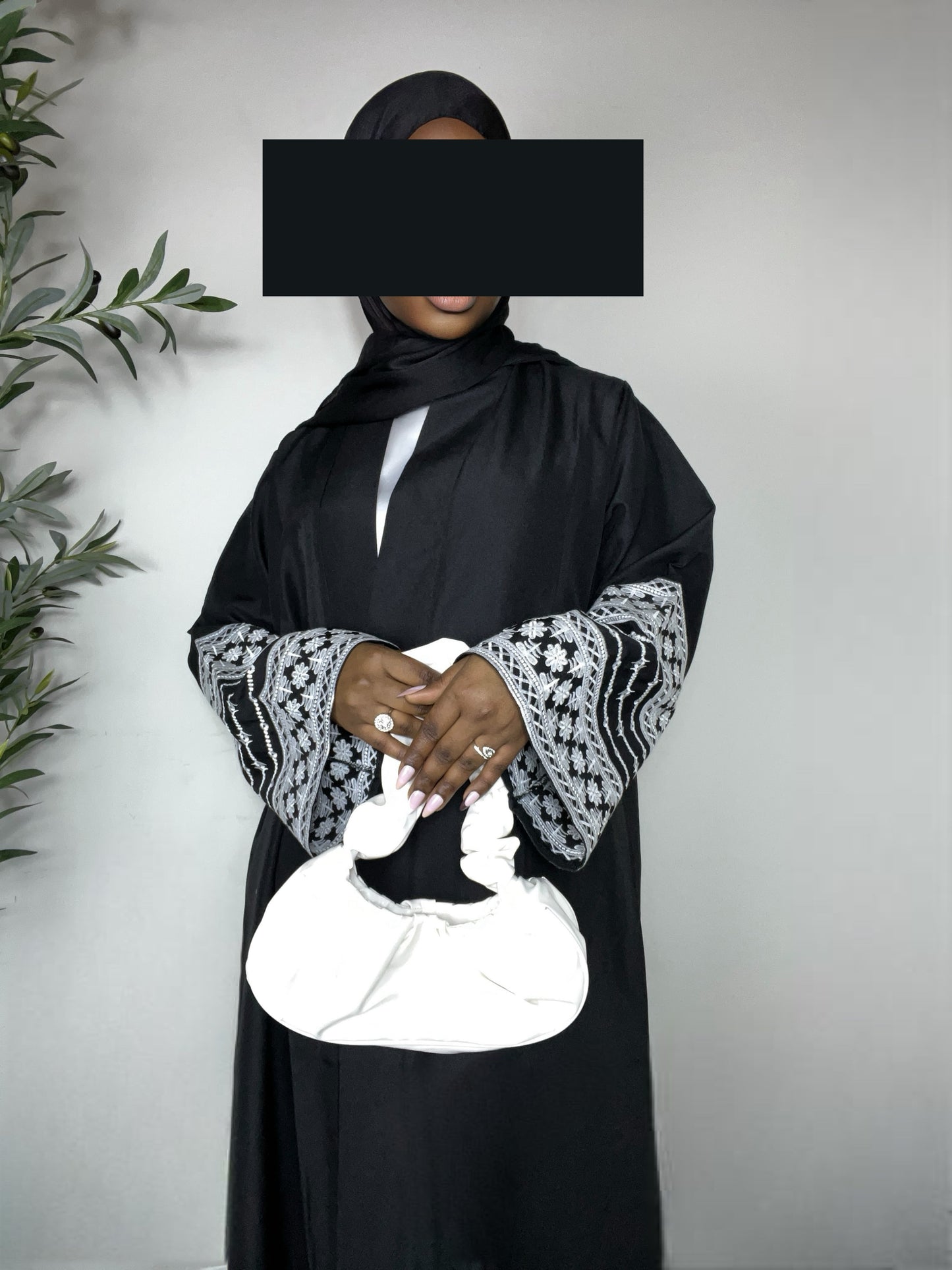 Afrah Embroidered Open Abaya - Black