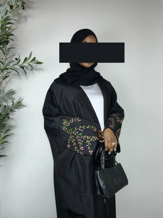 Ayla Flowers Embroidered Open Abaya - Black
