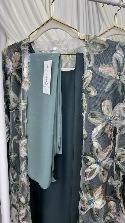 Raissa Textured Flower Abaya- Green