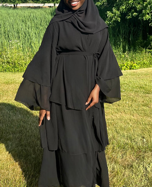 Jamila Layered Open Abaya with Matching Scarf-  Black
