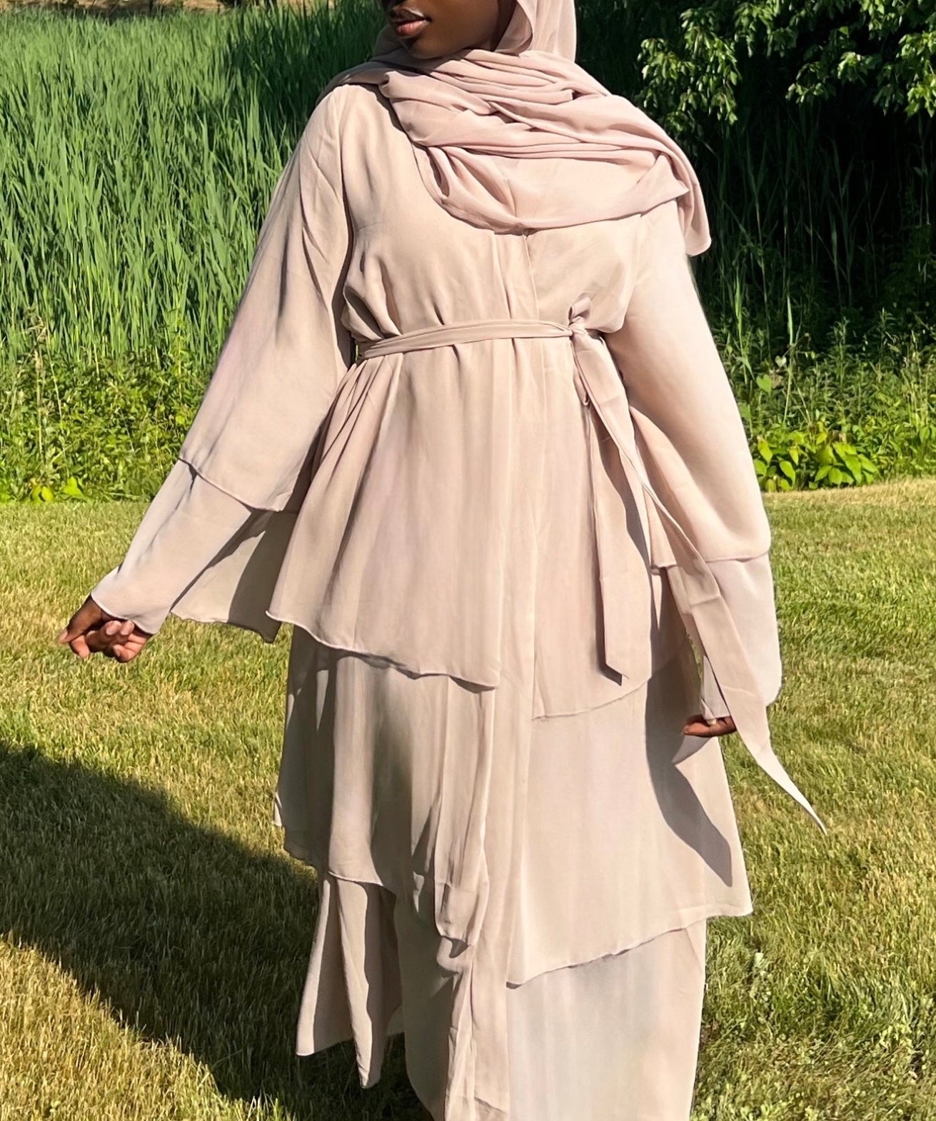 Jamila Layered Open Abaya with Matching Scarf-  Beige