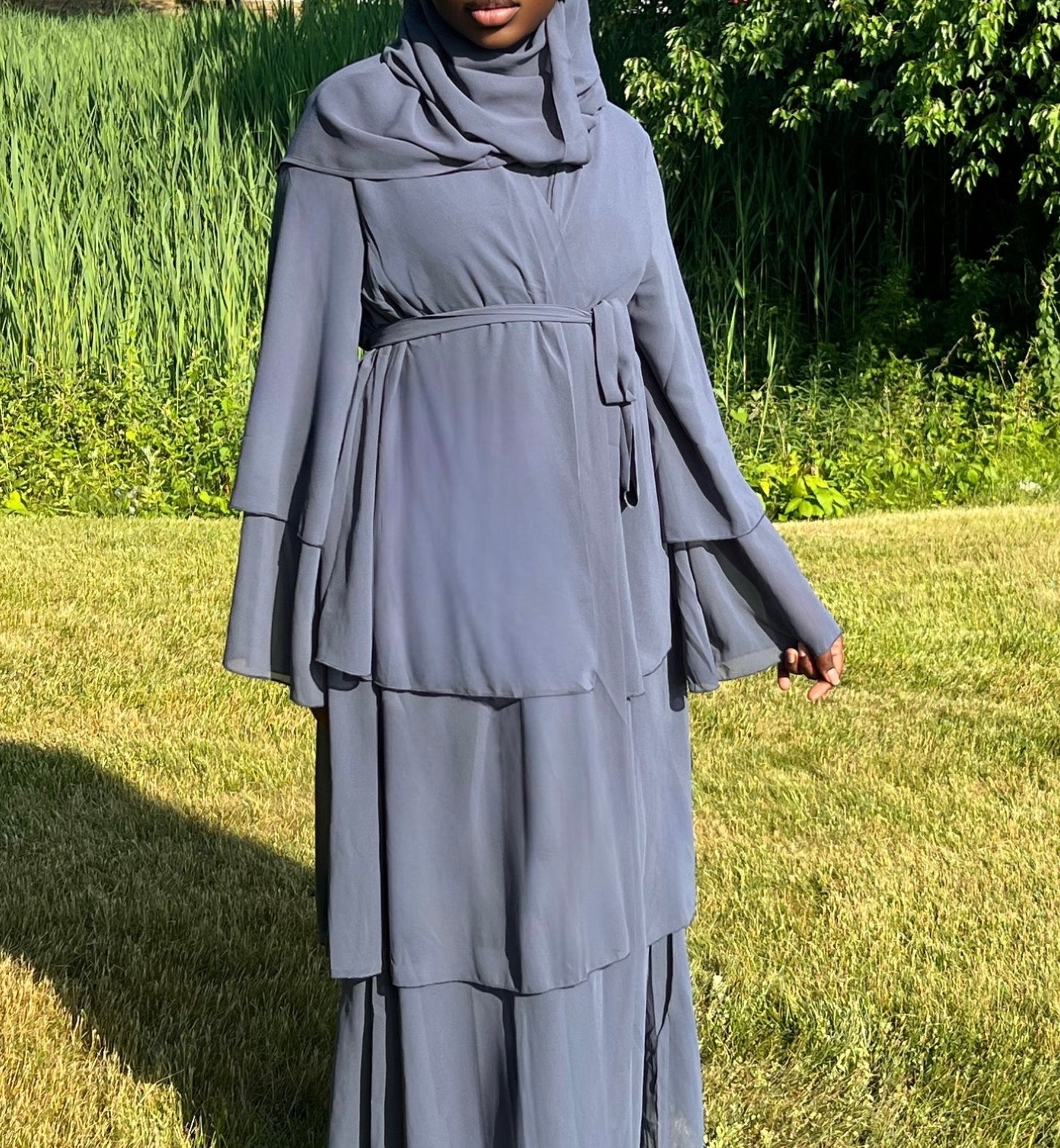 Jamila Layered Open Abaya with Matching Scarf-  Blue