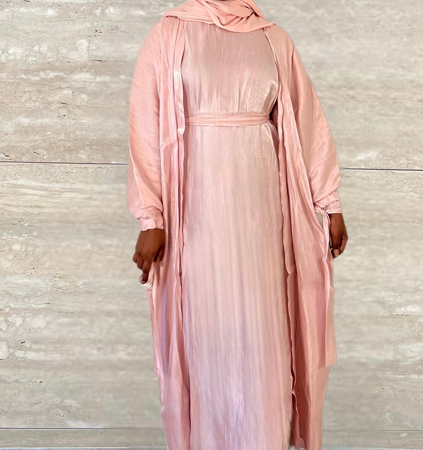 Marwa 3 piece Organza Abaya Set- Pink
