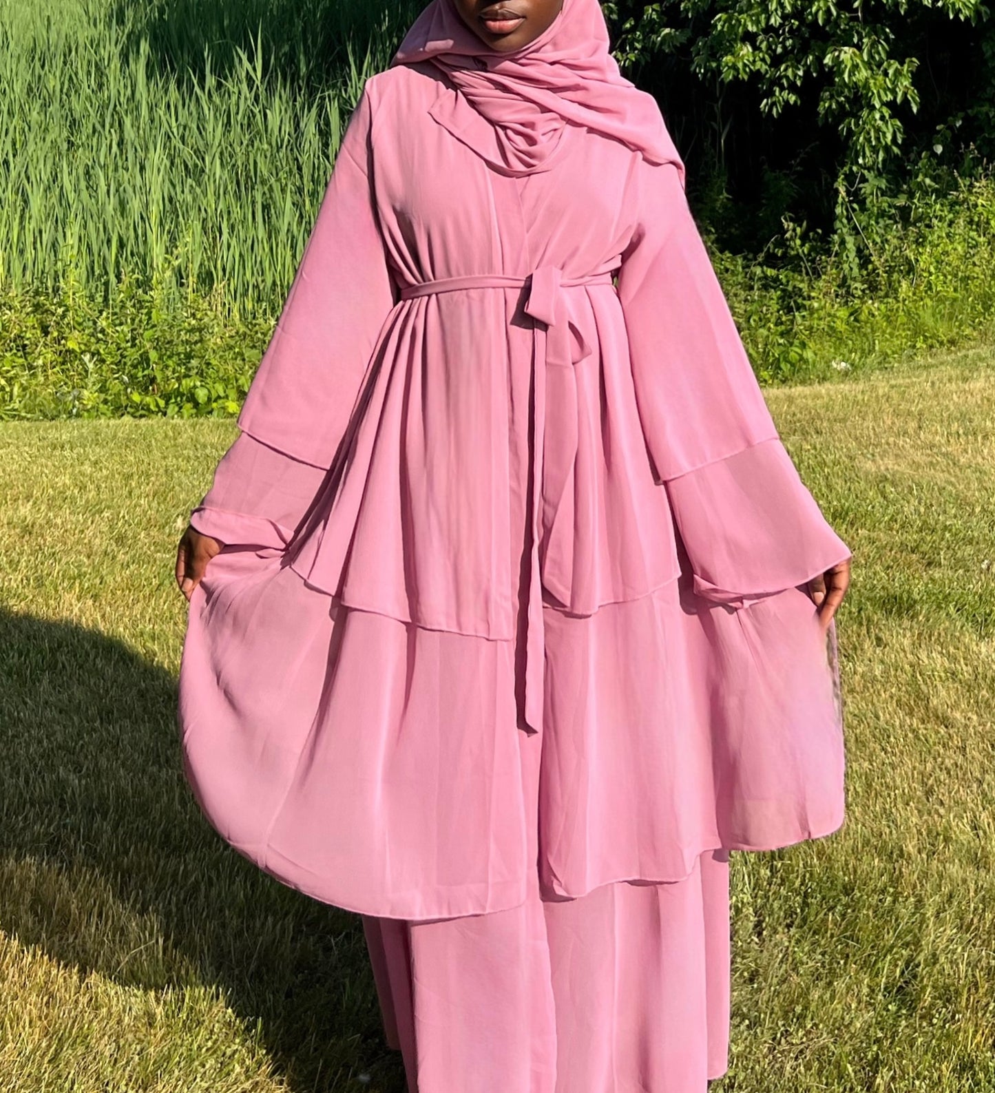 Jamila Layered Open Abaya with Matching Scarf-  Pink